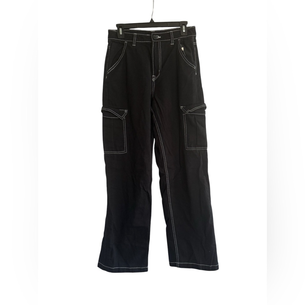 H&M Y2K Black Twill Cargo Pants • Contrast Stitch Streetwear Trousers Sz 4
